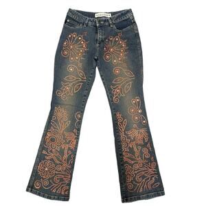 Vintage Joe Boxer Flare Low Rise Jeans Y2K Orange Glitter Design Embellished 90s